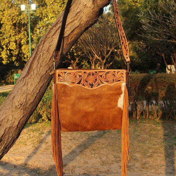 Genuine Hair On Cowhide Purse, Hand Tooled Leather Bag, Western Leather Bag - Picture 3 of 10